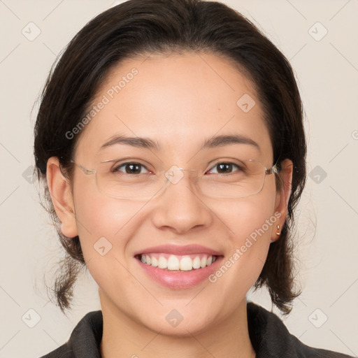 Joyful white young-adult female with medium  brown hair and grey eyes