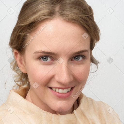 Joyful white young-adult female with medium  brown hair and blue eyes