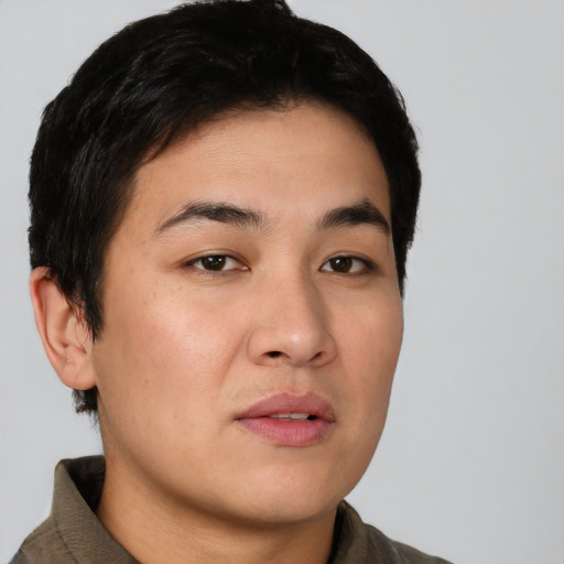 Neutral asian young-adult male with short  brown hair and brown eyes