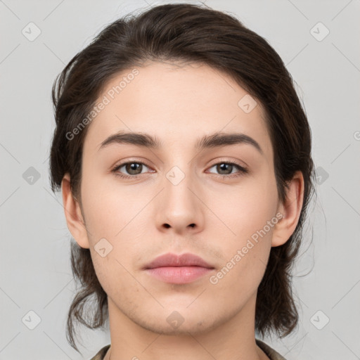 Neutral white young-adult female with medium  brown hair and brown eyes