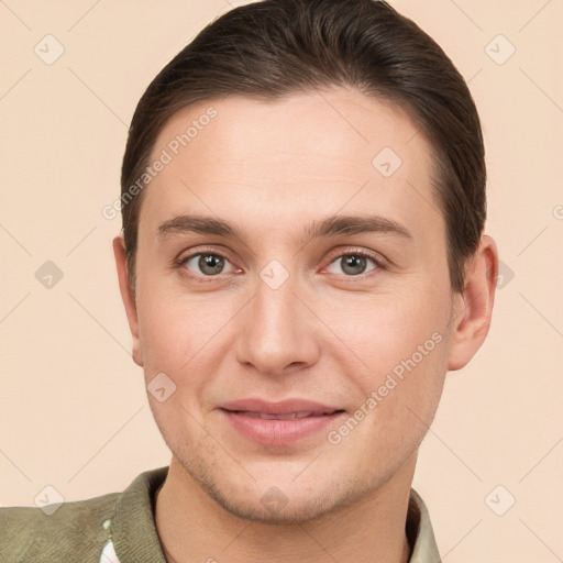 Joyful white young-adult male with short  brown hair and brown eyes