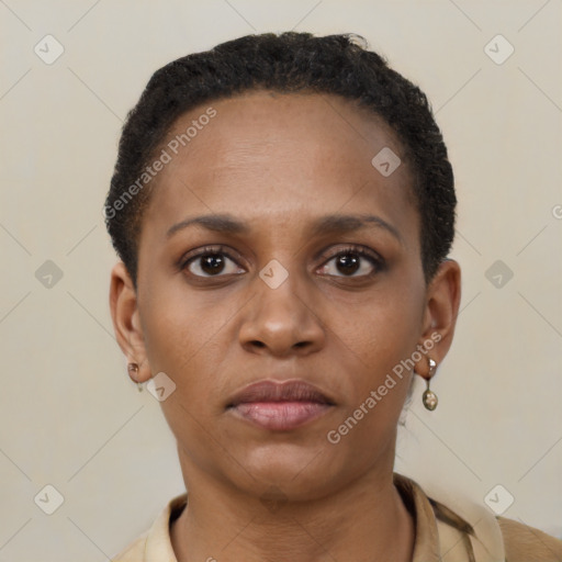 Neutral black young-adult female with short  brown hair and brown eyes