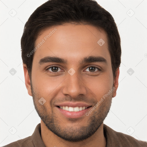 Joyful white young-adult male with short  brown hair and brown eyes