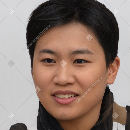 Joyful asian young-adult female with short  brown hair and brown eyes