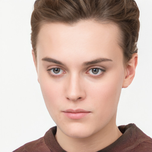 Neutral white young-adult female with short  brown hair and brown eyes