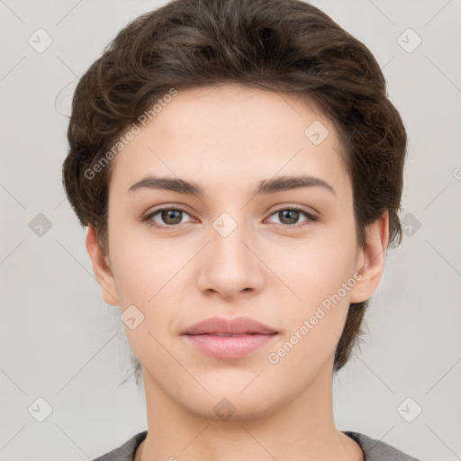 Neutral white young-adult female with short  brown hair and brown eyes