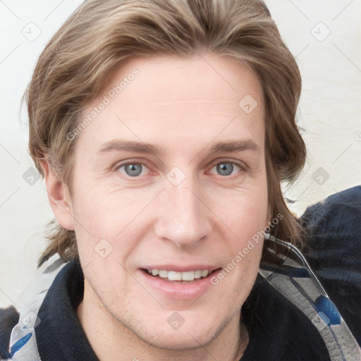 Joyful white young-adult female with medium  brown hair and blue eyes