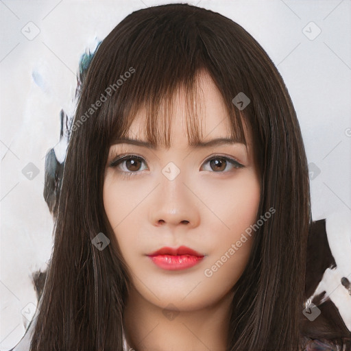 Neutral asian young-adult female with long  brown hair and brown eyes