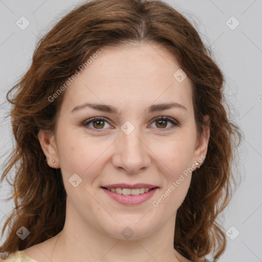 Joyful white young-adult female with medium  brown hair and green eyes