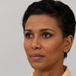 Neutral latino young-adult female with short  black hair and brown eyes