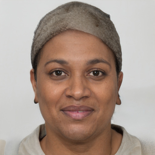 Joyful black adult female with short  black hair and brown eyes