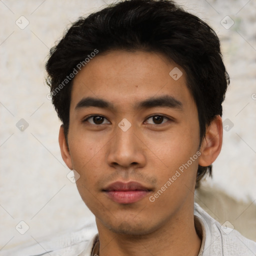 Neutral asian young-adult male with short  black hair and brown eyes