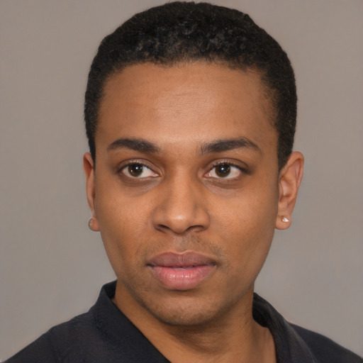 Neutral black young-adult male with short  black hair and brown eyes