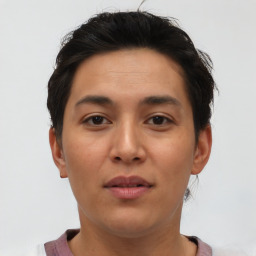 Neutral asian young-adult female with short  brown hair and brown eyes