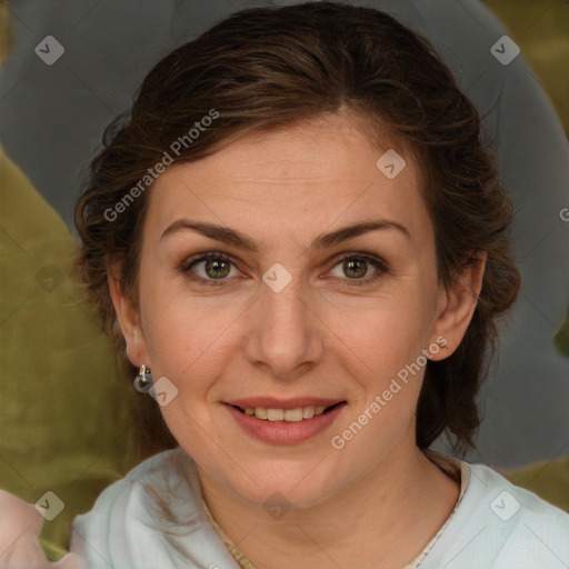 Joyful white young-adult female with medium  brown hair and green eyes