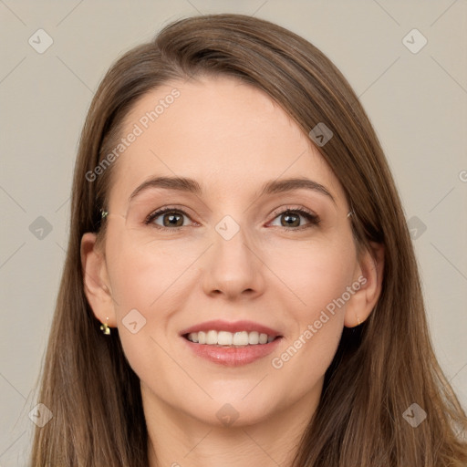 Joyful white young-adult female with long  brown hair and grey eyes