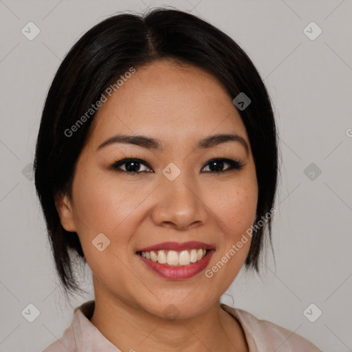 Joyful latino young-adult female with medium  black hair and brown eyes