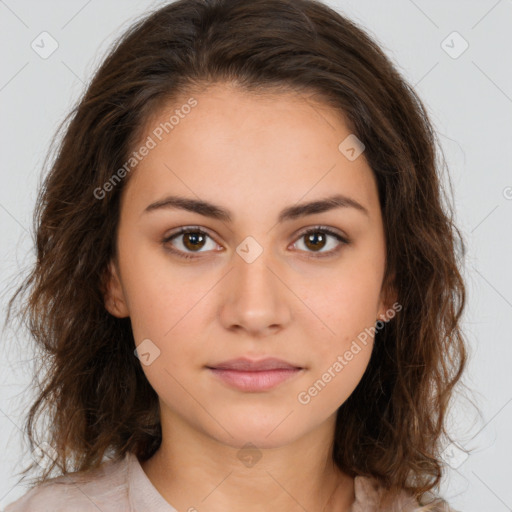 Neutral white young-adult female with medium  brown hair and brown eyes