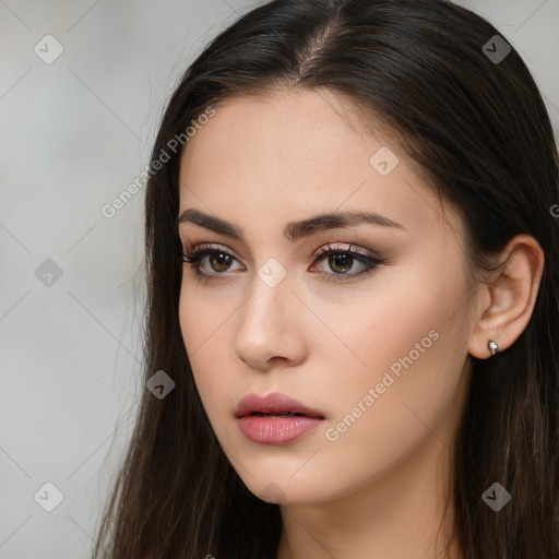 Neutral white young-adult female with long  brown hair and brown eyes