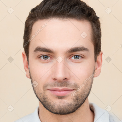 Neutral white young-adult male with short  brown hair and brown eyes