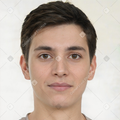 Neutral white young-adult male with short  brown hair and brown eyes