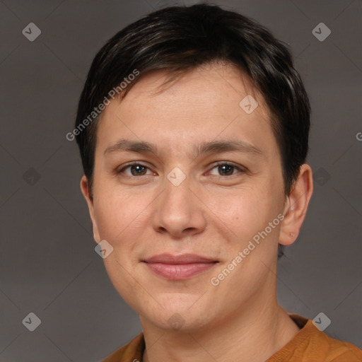 Joyful white adult male with short  brown hair and brown eyes