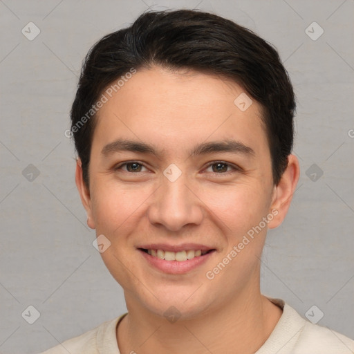 Joyful white young-adult male with short  brown hair and brown eyes