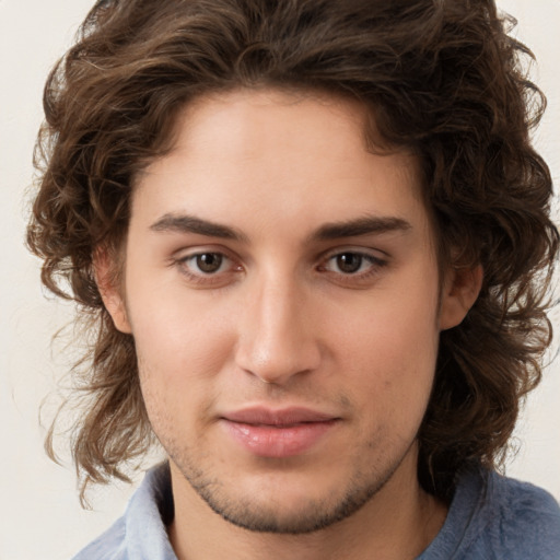 Joyful white young-adult male with medium  brown hair and brown eyes