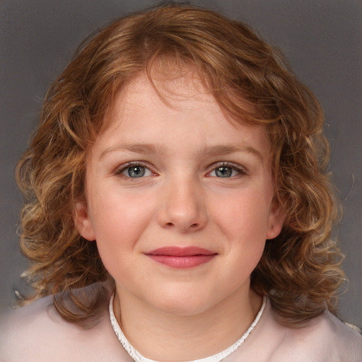 Joyful white child female with medium  brown hair and blue eyes