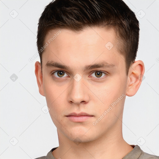 Neutral white young-adult male with short  brown hair and brown eyes