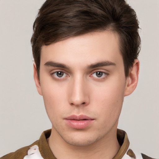 Neutral white young-adult male with short  brown hair and brown eyes