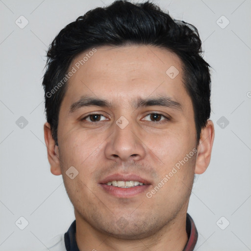 Joyful white young-adult male with short  black hair and brown eyes
