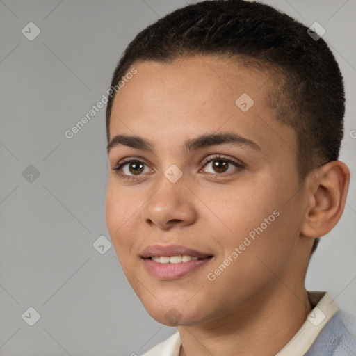 Joyful white young-adult female with short  brown hair and brown eyes