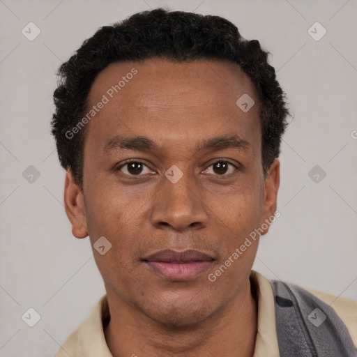 Joyful black adult male with short  brown hair and brown eyes