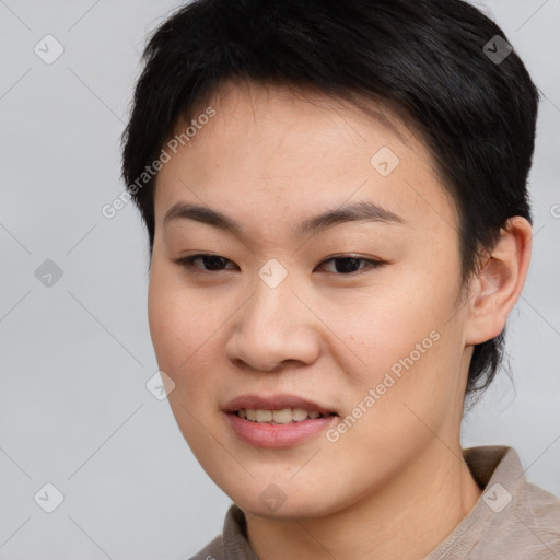 Joyful asian young-adult female with short  brown hair and brown eyes