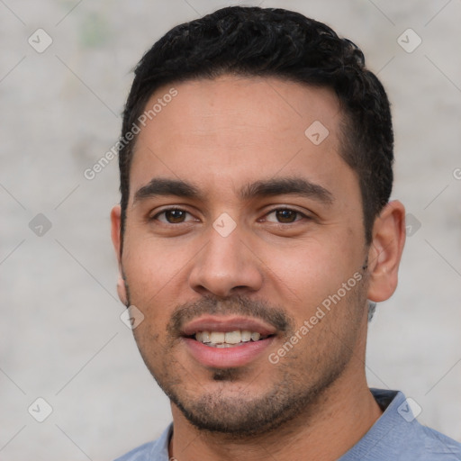 Joyful white young-adult male with short  black hair and brown eyes