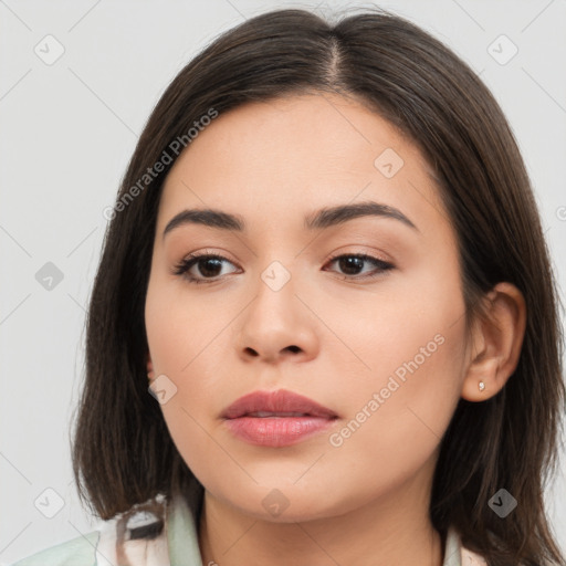 Neutral white young-adult female with medium  brown hair and brown eyes