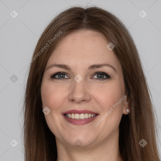 Joyful white young-adult female with long  brown hair and grey eyes