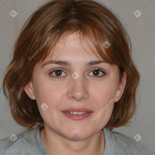 Joyful white young-adult female with medium  brown hair and blue eyes