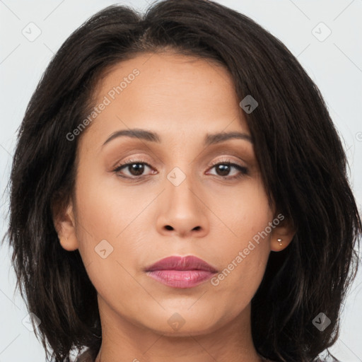 Joyful asian young-adult female with long  brown hair and brown eyes