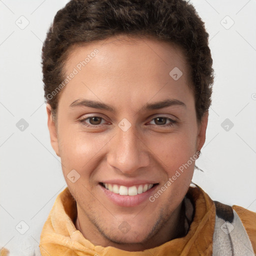 Joyful white young-adult female with short  brown hair and brown eyes