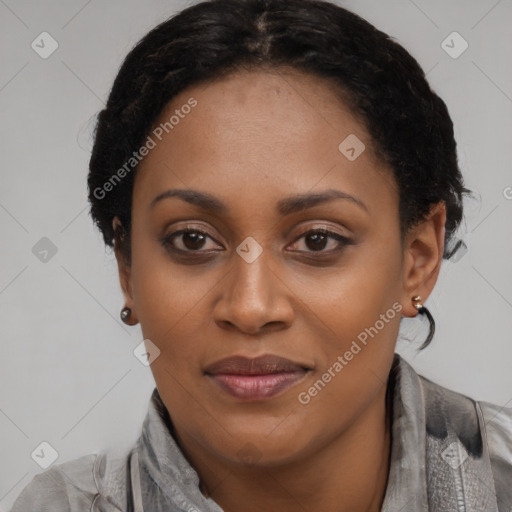 Joyful black young-adult female with short  black hair and brown eyes