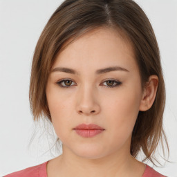 Neutral white young-adult female with medium  brown hair and brown eyes