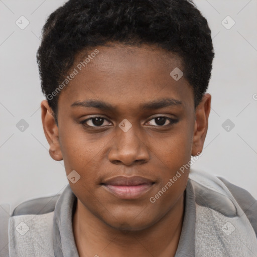 Joyful black young-adult male with short  brown hair and brown eyes