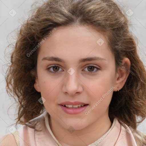 Joyful white child female with medium  brown hair and brown eyes