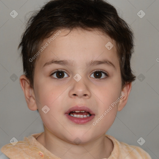 Joyful white child male with short  brown hair and brown eyes