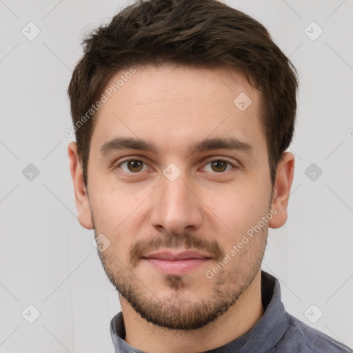 Neutral white young-adult male with short  brown hair and brown eyes