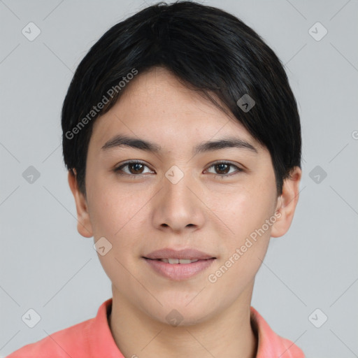 Joyful asian young-adult female with short  brown hair and brown eyes