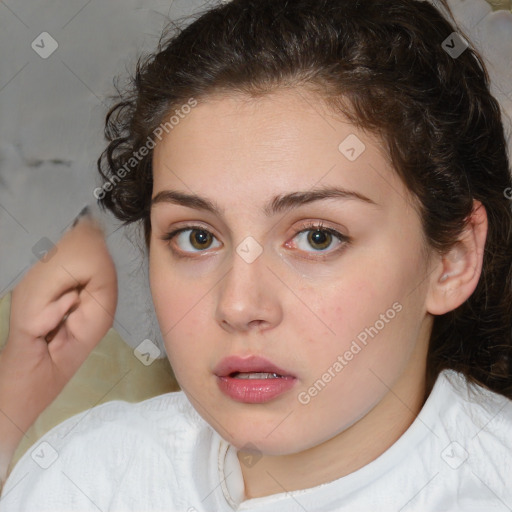 Neutral white young-adult female with medium  brown hair and brown eyes