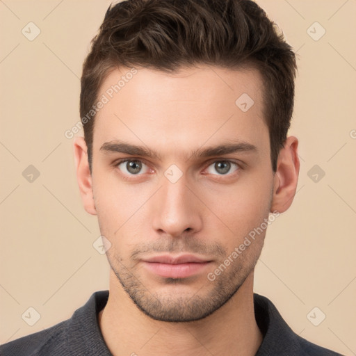 Neutral white young-adult male with short  brown hair and brown eyes